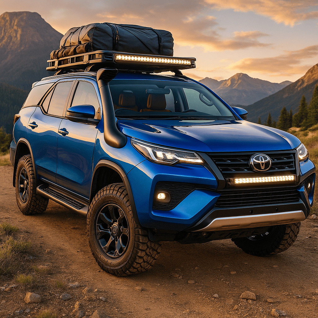 Blue Toyota Fortuner 2025 equipped with roof rack, LED light bar, snorkel and all-terrain tires parked on a rugged mountain trail at sunset