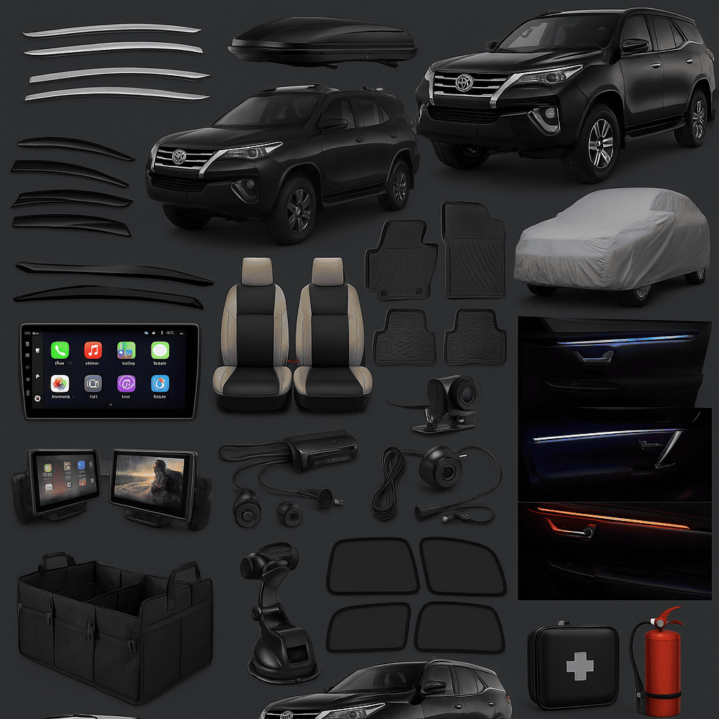 Flat lay display of Toyota Fortuner accessories including chrome trims, roof rails, seat covers, infotainment units, and safety kits.